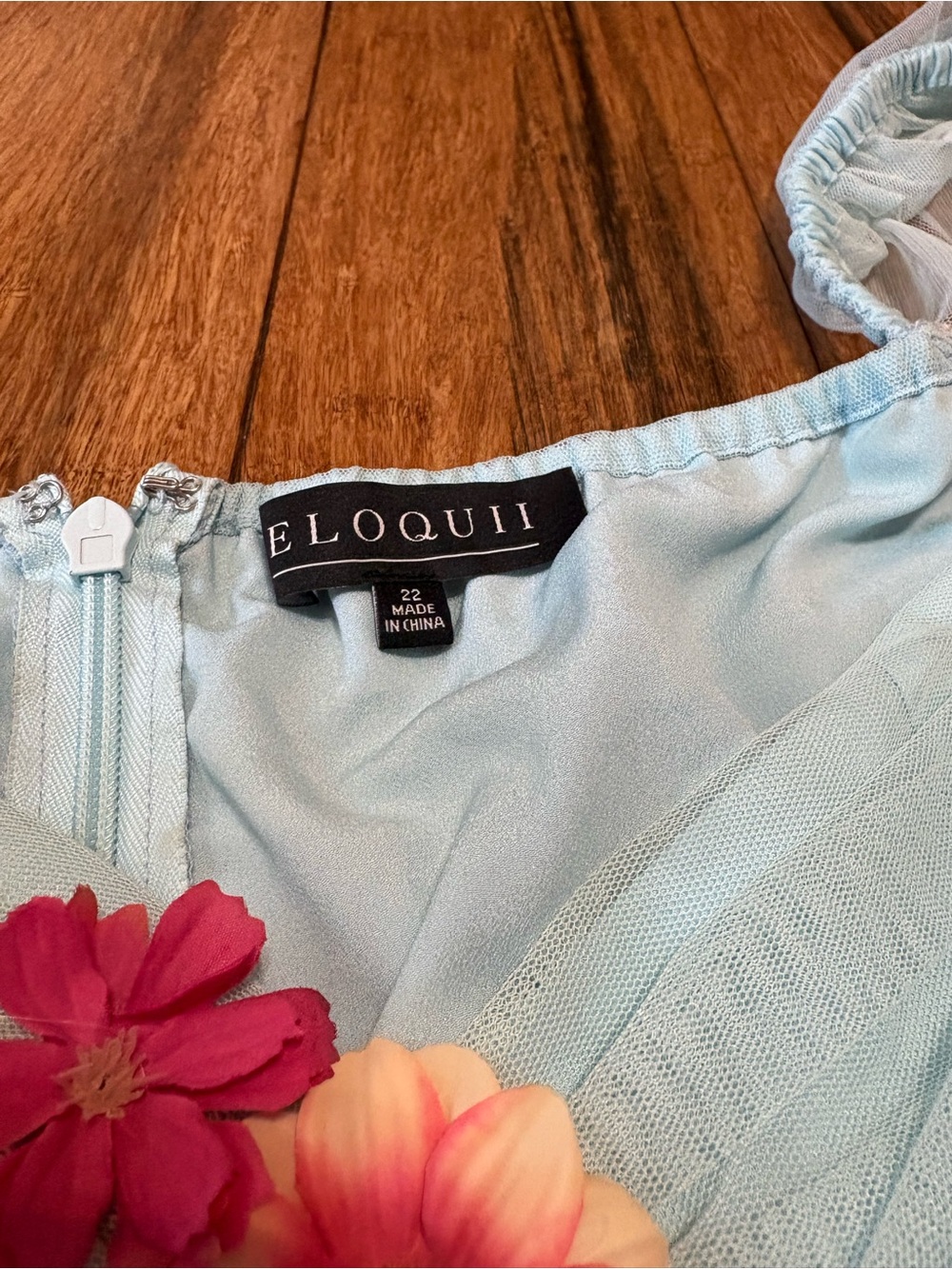 Eloquii Mini Dress Size 22 Light Blue Off Shoulder Sheer Tulle Mutli 3D Flowers - Picture 3 of 9